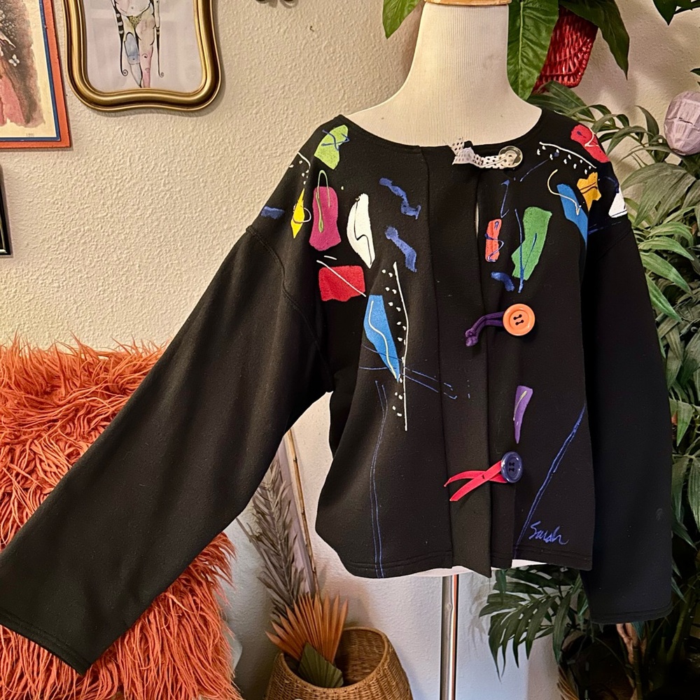 80s vintage button down top with hand painted vibrant, abstract design